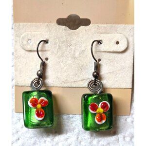 Handmade Green Glass Earrings With Floral Design & Hook Closure